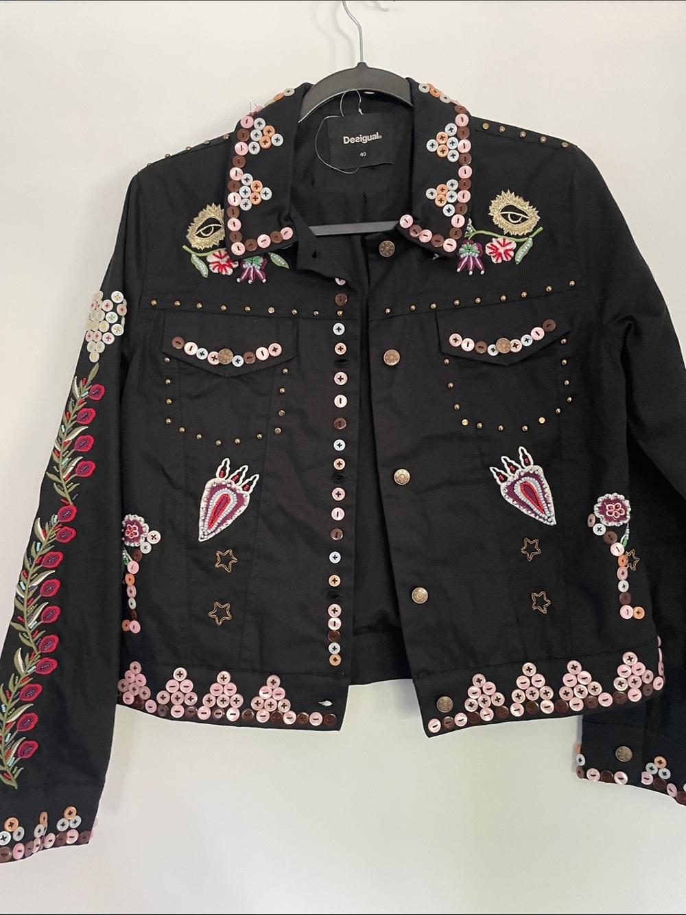 Desigual Black Embellished Embroidered Button Jean Jacket NWOT 40